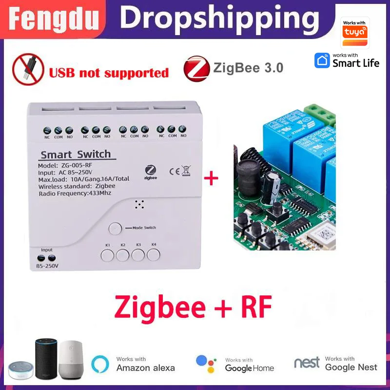 4CH Zigbee Smart Home Relay Module 85-250V Relay APP Remote Control Works Tuya Gateway Alexa Google Assistant Smart Switch