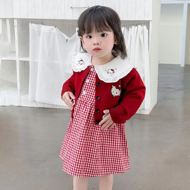 

Юбка Sanrio Hello Kitty, комплект из двух предметов, топы для девочек, красное платье-свитер, детская весенне-осенняя модная повседневная одежда с героями мультфильмов Kawaii