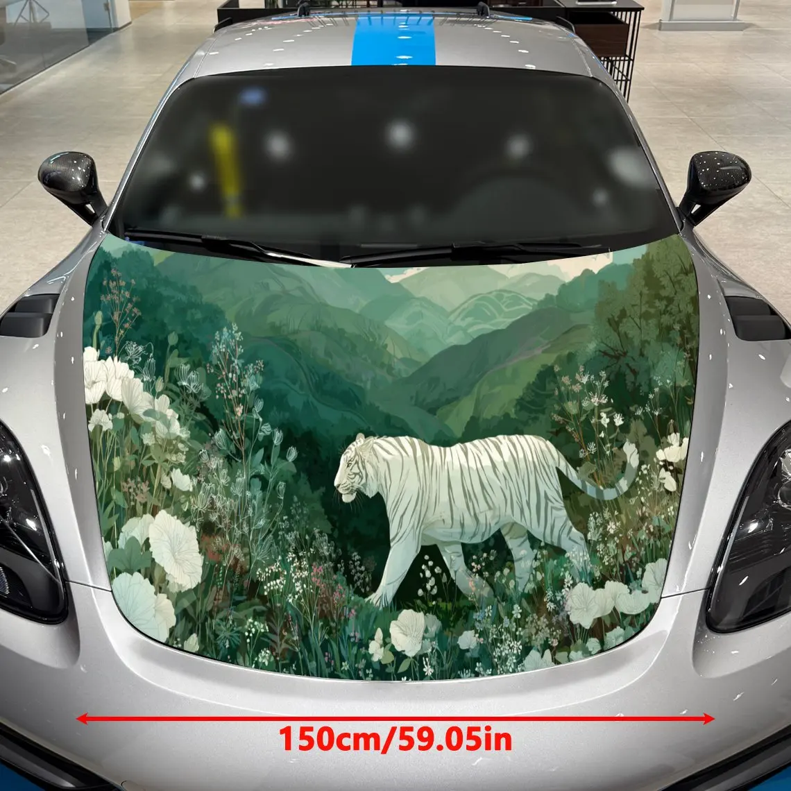 Enchanting Floral White Tiger Car Hood Stickers - Self-Adhesive, Waterproof and Durable Vinyl Wrap, Decorate And Protect Your Ca