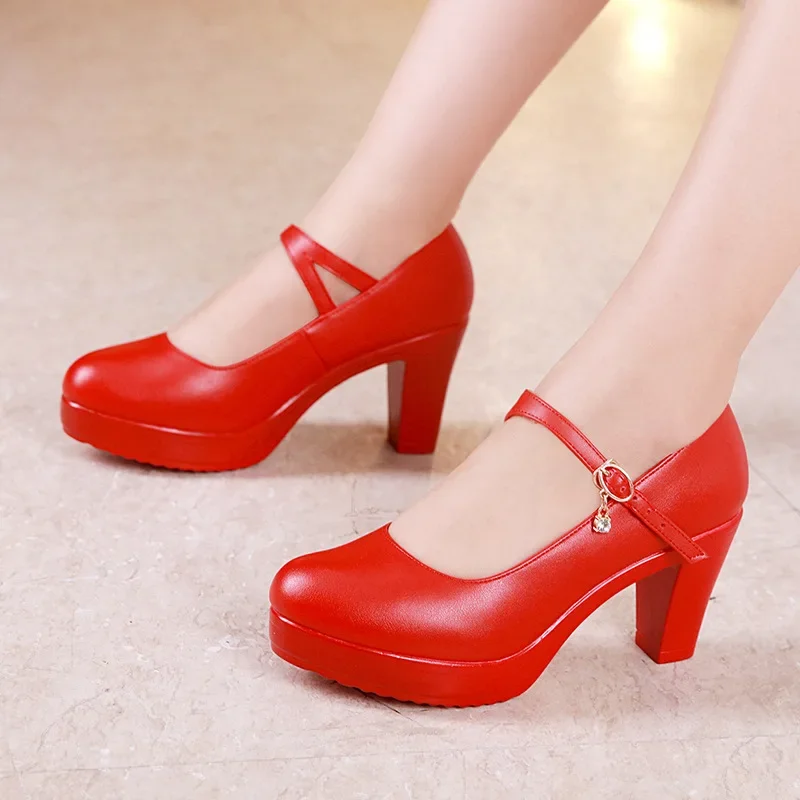 2020 Model Catwalk High Heels Women's Thick Heel Thick Platform Waterproof Round Head Professional Work Shoes Mid-heel