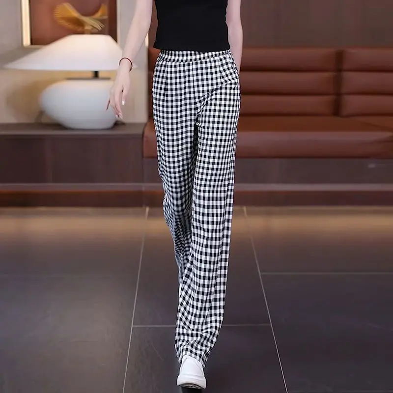 

Retro Summer New Women's 2024 Spliced Elasticized High-waisted Pocket Plaid Fashion Loose Minimalist Casual Straight Leg Pants