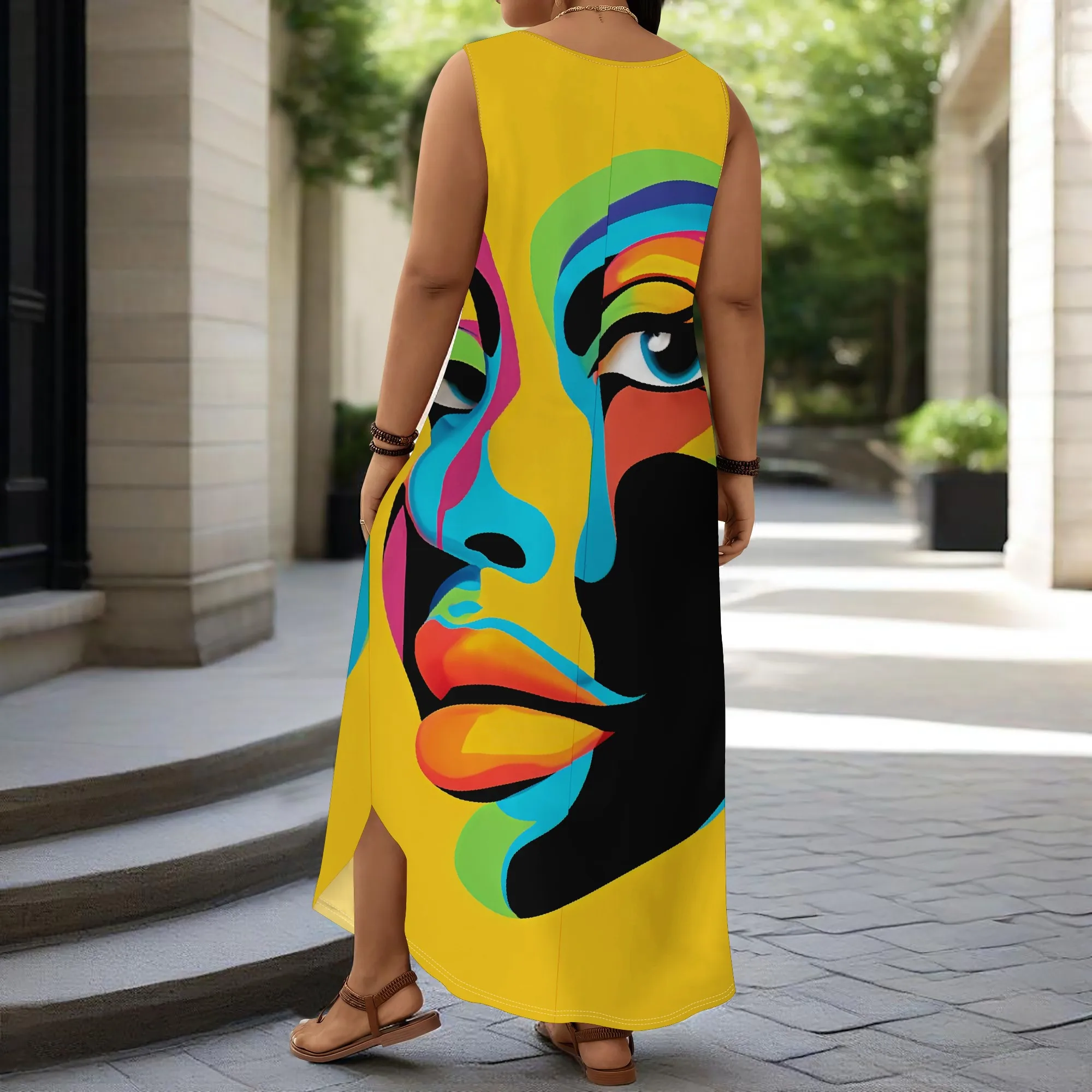 Bold Yellow Abstract Face Print Maxi Dress S-3XL Sleeveless Afro Art Festival or Cultural Parade Look for Women