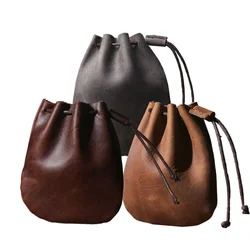 Drawstring Coin Storage Bag Handmade Genuine Leather Unisex Coin Purse Cow Leather Coins Money Pocket Retro Wallet Bags