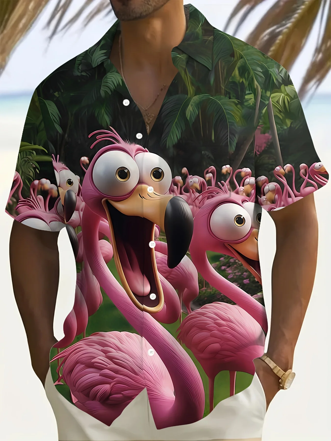 

Men'S Tropical Flamingo Print Short Sleeve Shirt - Lightweight Polyester, Vibrant Pink & Green Leaf Design, P Clothing