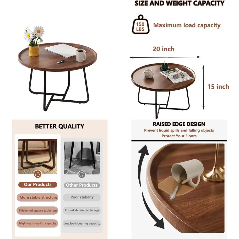 

Walnut 20 Round Wooden Coffee Table with Metal Legs for Home & Office Use