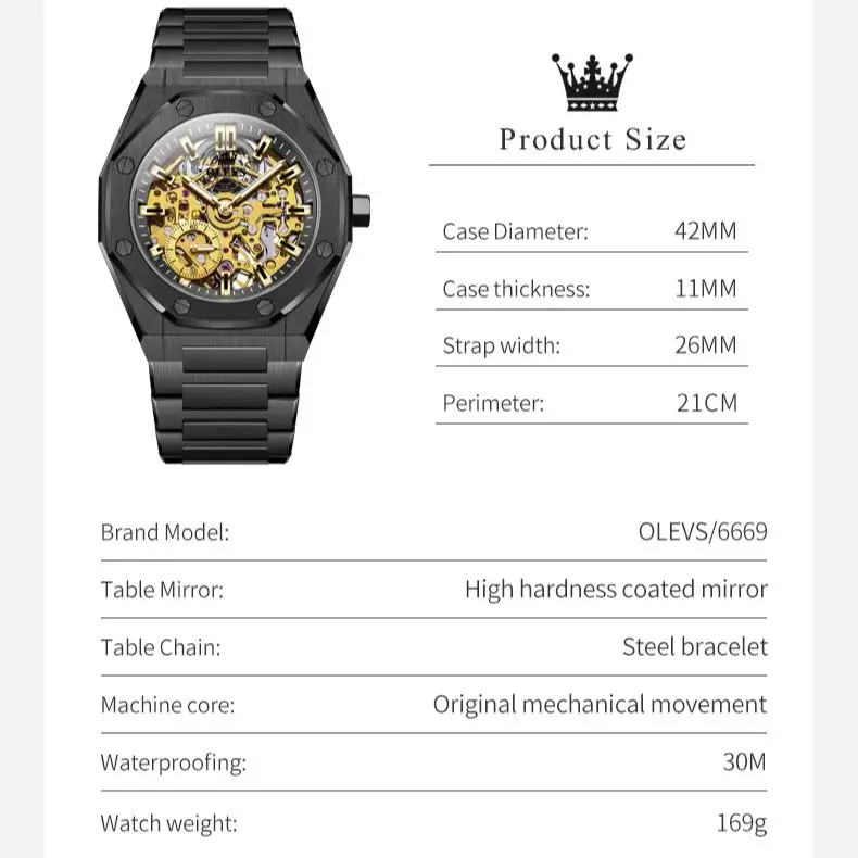 ساعة OLEVS 6669 أوتوماتيكية عالية الجودة للرجال من الفولاذ المقاوم للصدأ باللون الأسود مقاومة للماء مجوفة ساعة ميكانيكية أصلية للرجال #6