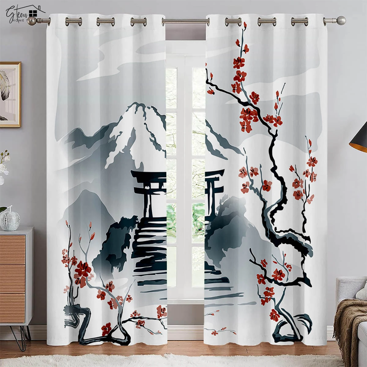 Chinese Style Landscape Painting 3D Printing Curtain Ink Painting Chinese Style Sunset Classical Study Tea Room Curtain 2PCS