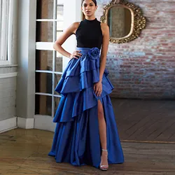 Elegant Royal Blue Satin Long Skirt for Women High Slit Tiered Silk Taffeta Prom Party Skirt Customized Office Lady Formal Skirt