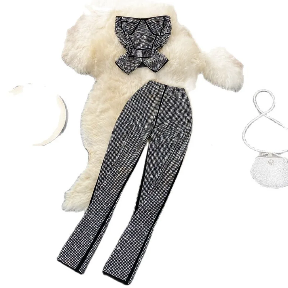 

Sexy Women Black/White Diamonds Two Piece Set Party Slash Neck Off Shoulder Camis Tops+High Waist Pants Female Suit Autumn 2023