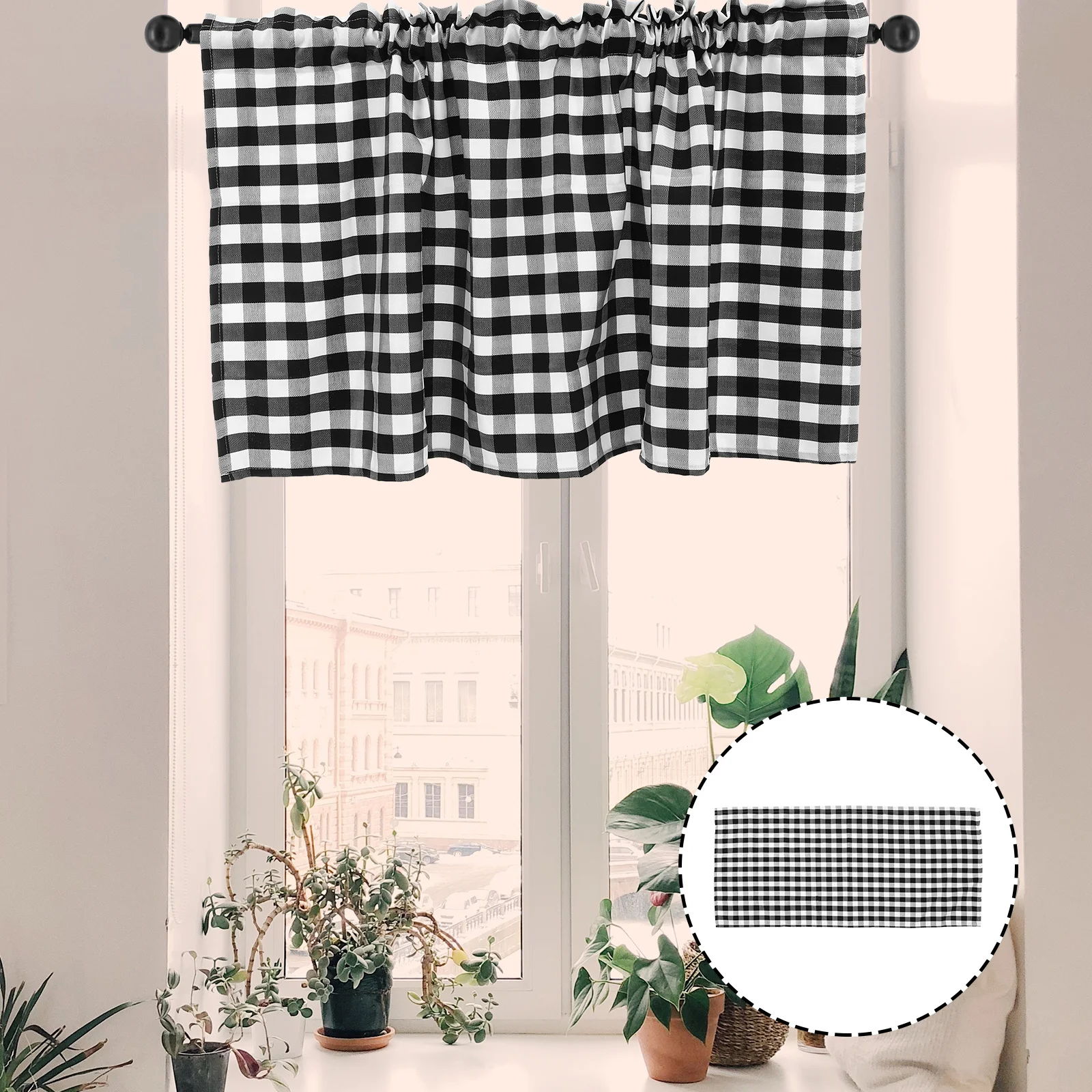 

Kitchen Valance Buffalo Plaid Black White Window Curtain for Living Room Bathroom Short Decorative Valance