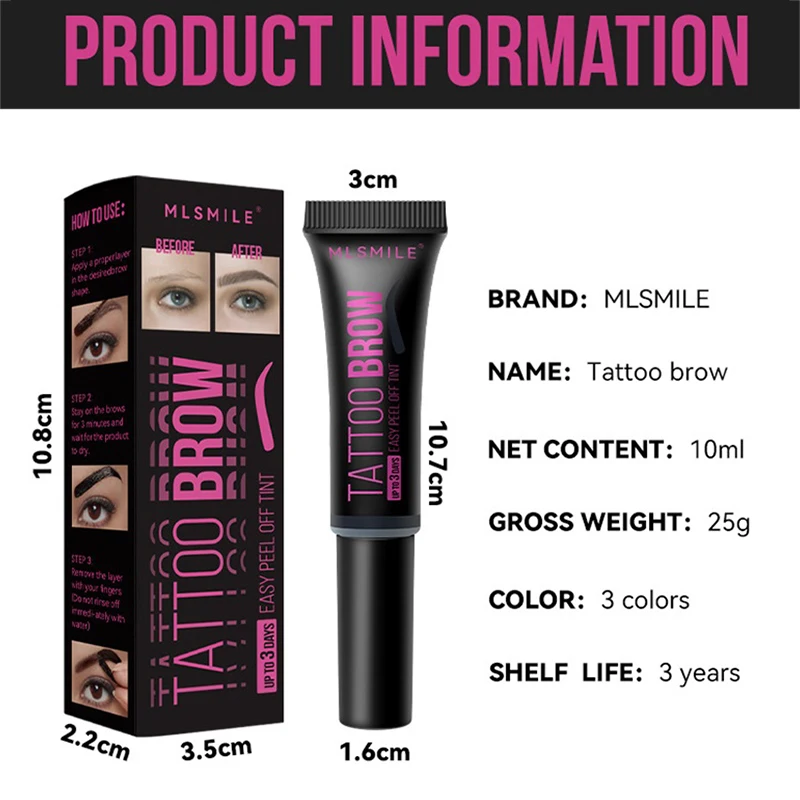 EyebloggGel-Teinture Peel-Off pour les Sourcils, Teinte de Tatouage, Imperméable, Semi-Continu, Résistant à la Transpiration, Crème Peel Off, Noir, 3 Jours