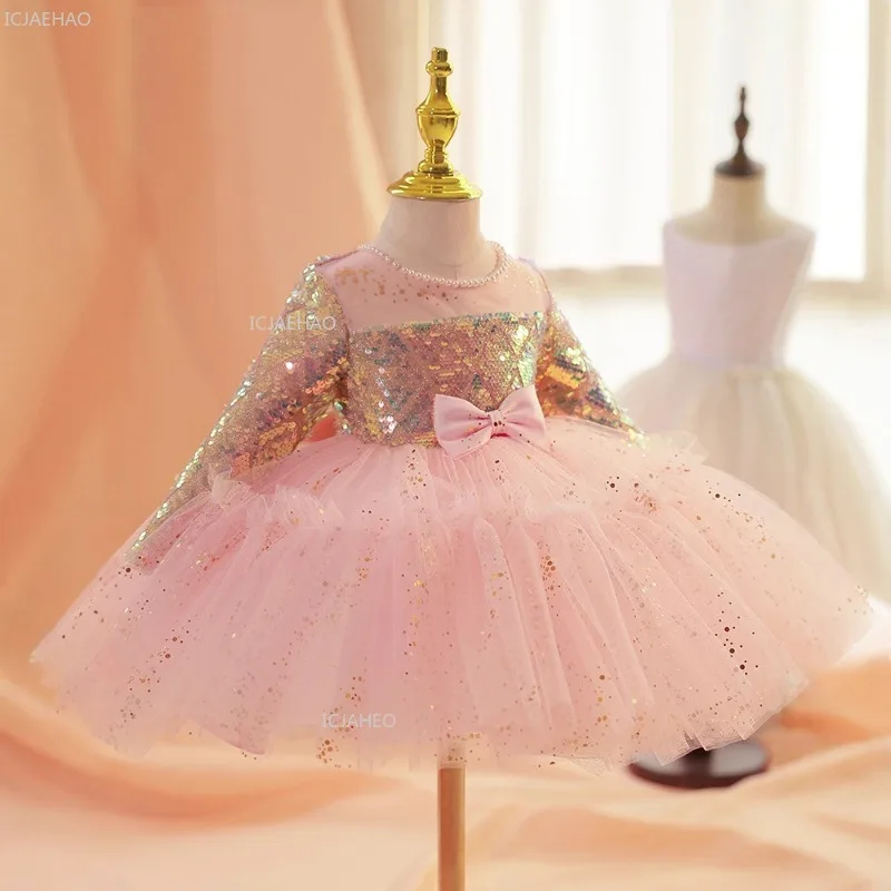 Girls Pink Long Sleeve Princess Party Dress Children Gown for Piano Evening Wedding Formal Wear Performance Pageant Host Model
