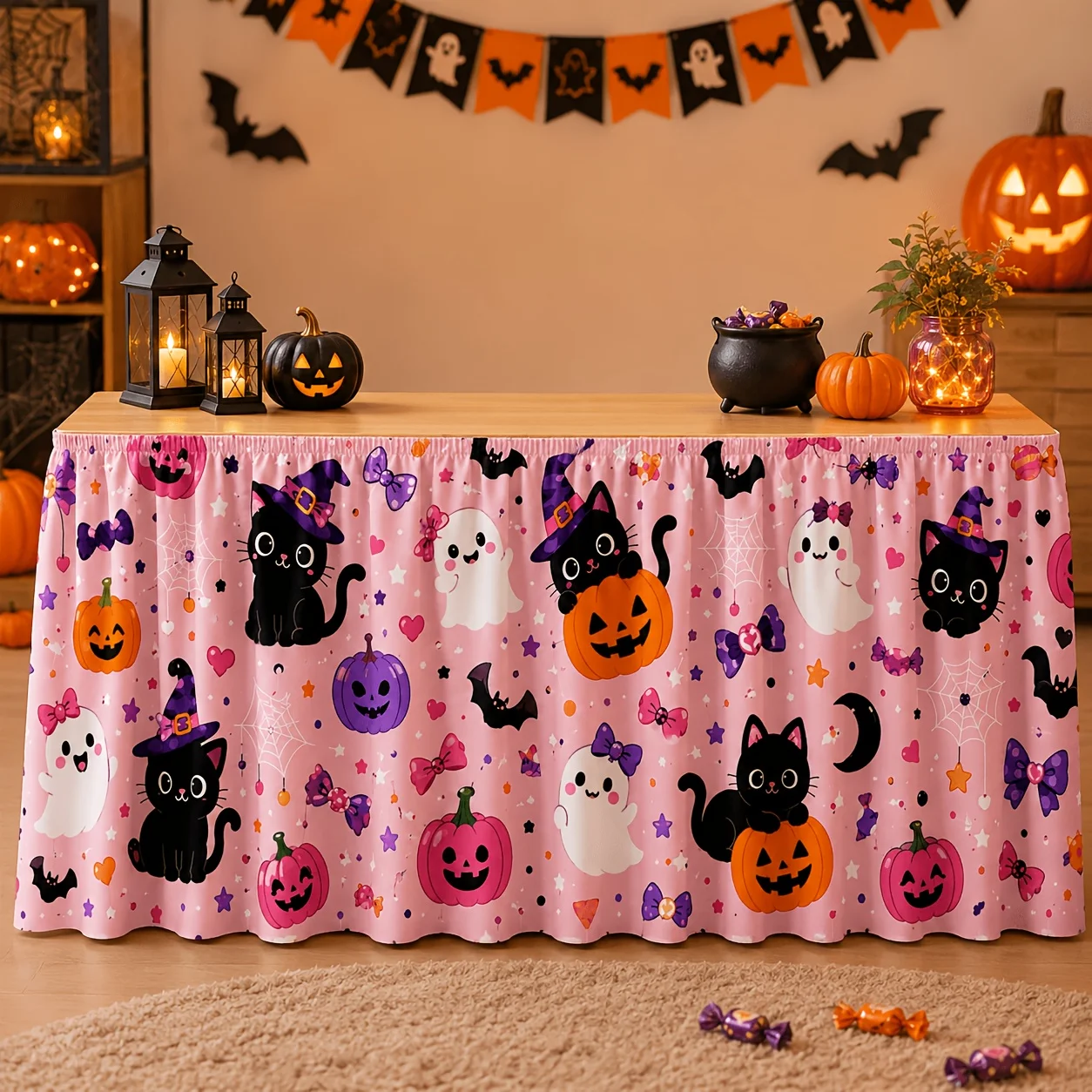 One table skirt. Cute pink Halloween table skirt pattern. Light pink background. Cool. Girl. Halloween.xzj