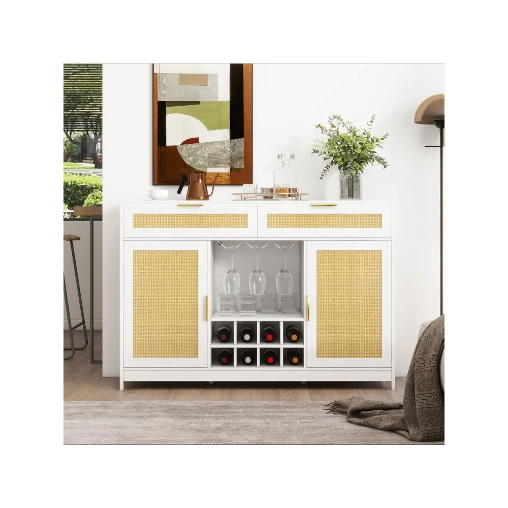 

51.2'' Boho Rattan Coffee Bar Cabinet - with Drawers, Storage & LED Lights | Wine Liquor Sideboard Buffet