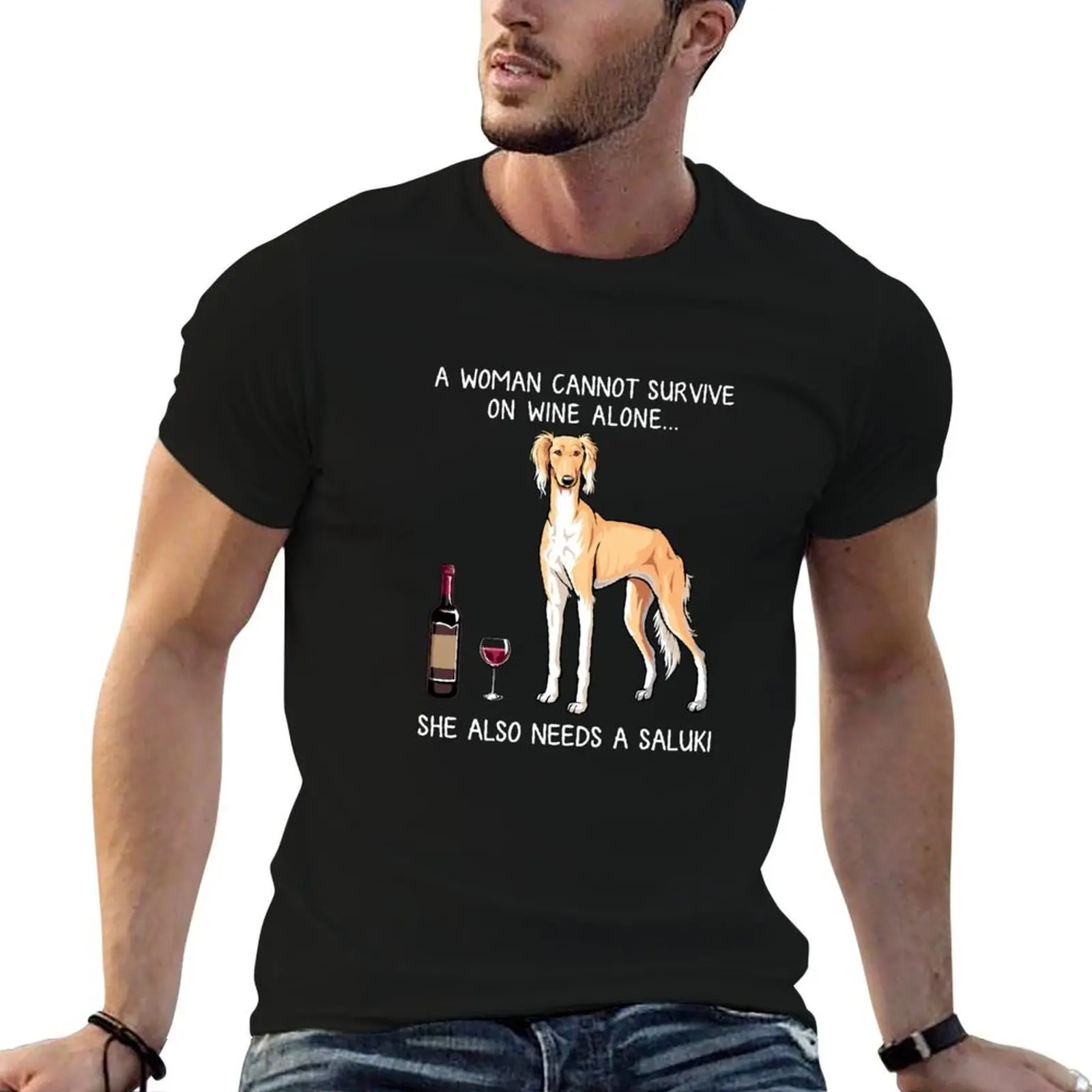 

Saluki and wine Funny dog T-Shirt t shirts for man cotton cotton tshirt 100% T-Shirt