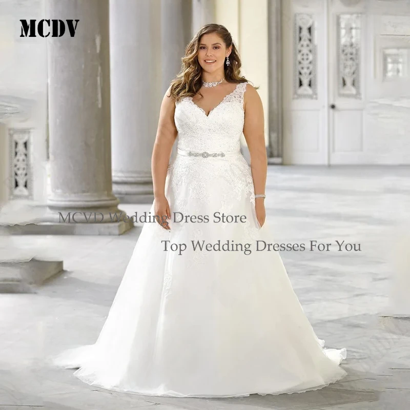 

MCDV Civil Sleeveless Wedding Dresses Plus Size Backless V Neck Applique Lace Bride Gowns A Line Vestidos Novias Boda