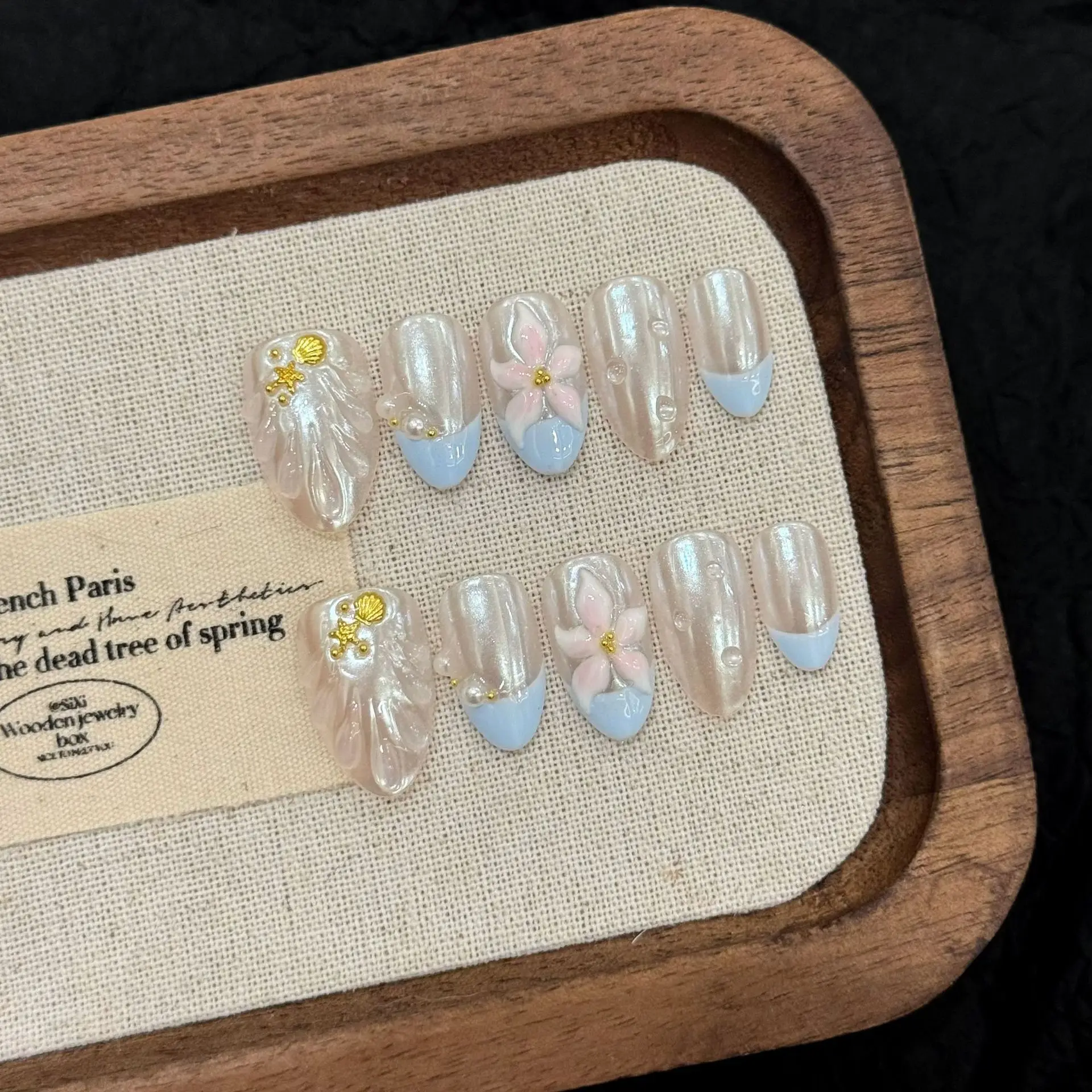 

10pcs Handmade Pressed Almond Nail Art,Nice Fake Nails,fresh and carved aurora milk blue French in summer,Suitable For Women