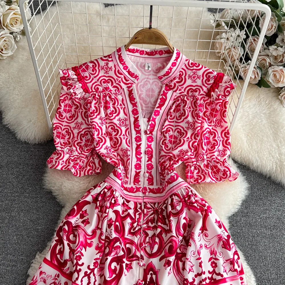 JAMERARY Runway Red Blue White Porcelain Floral Mini Dress Women Short Sleeve Single Breasted Vintage Holiday Robe Party Vestido