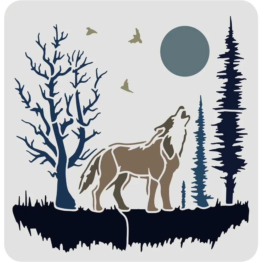 Wolf Stencil for Painting 11.8x11.8 inch Plastic Forest Trees Craft Stencils Moon Birds Large Stencil Forest Wolf Stencils