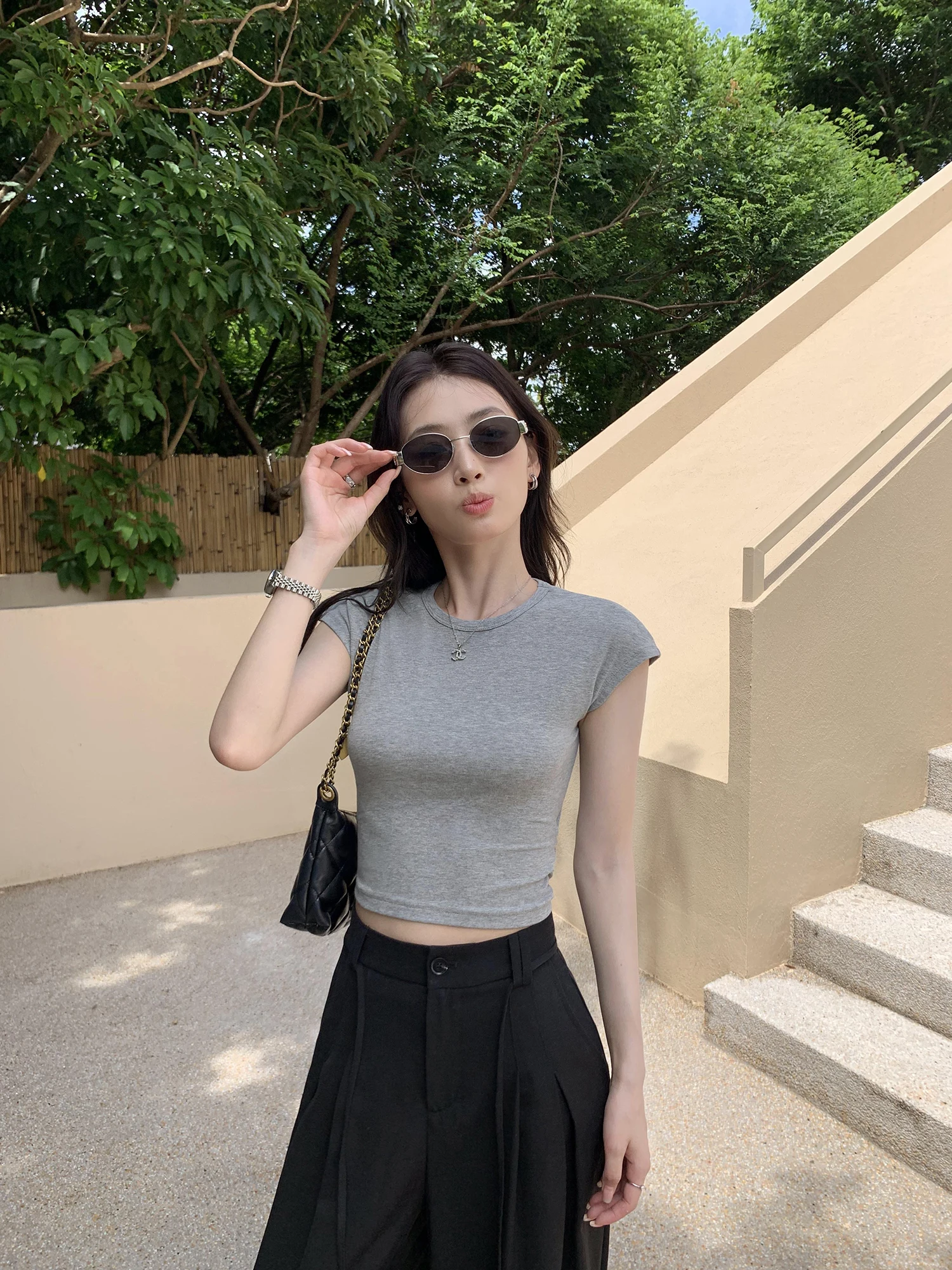 Pusumede Women's Short Sleeve T-Shirt Slim Fit Summer Casual Design Hollow out Knot Waist Short Length Flying Sleeve Top