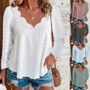 Camisas informales de manga larga con cuello en V para mujer, blusas blancas holgadas con diseño ondulado, Jersey elegante a la moda de primavera para mujer