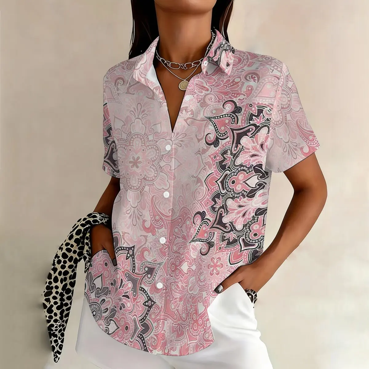 

Plus-size women's summer short-sleeve shirt with vintage soft prints, suitable for dates, workplace, casual and party occasions.