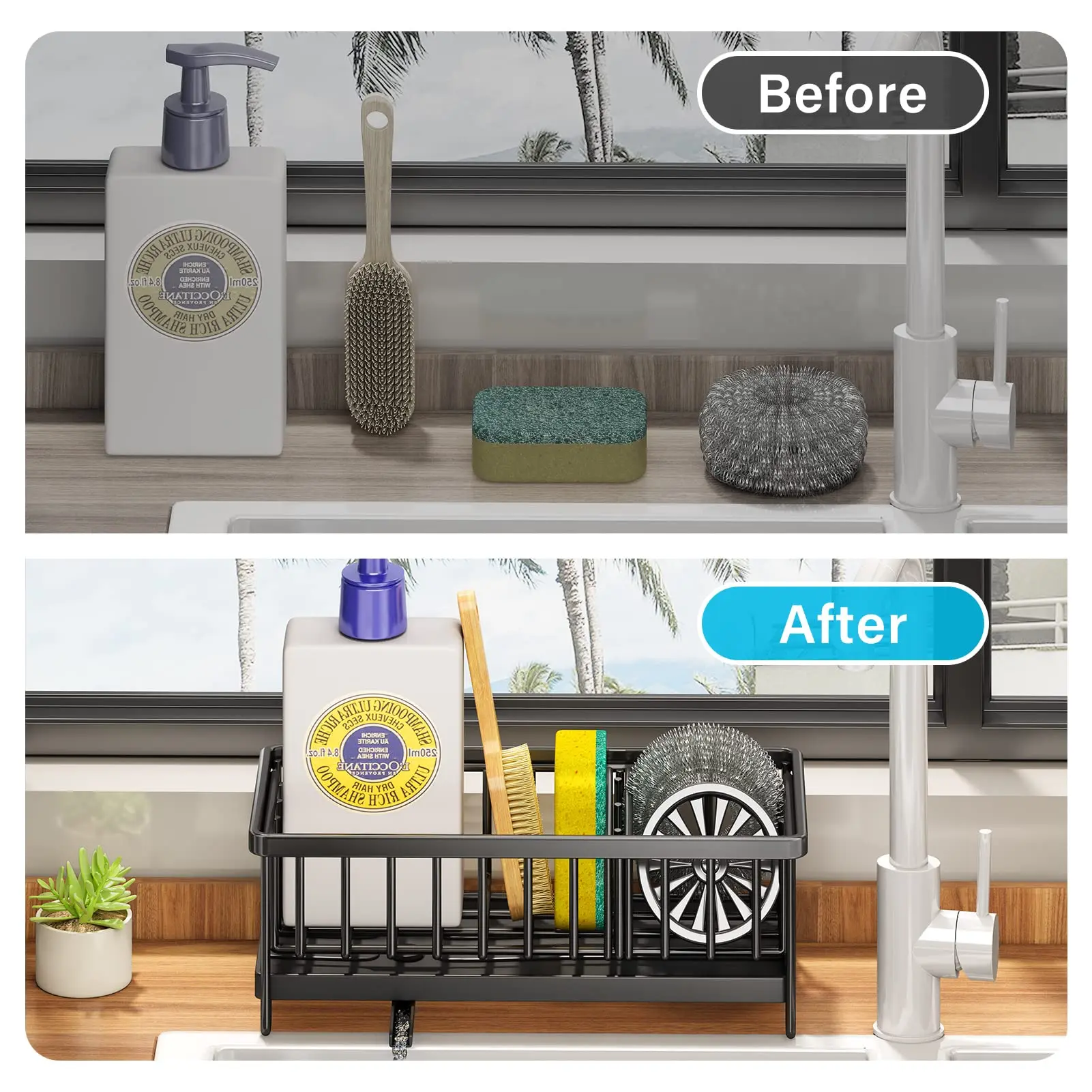 Carbon Steel Kitchen Storage Rack Multifunctional Sponge Dishwashing Liquid Storage Rack Sink Drain Rack Drain Basket Black with