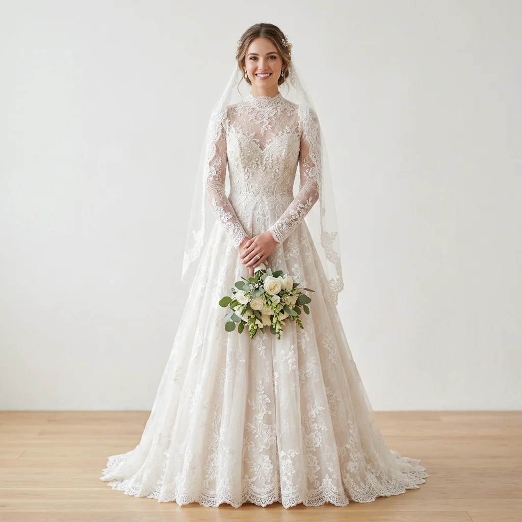 High Neck Illusion Long Sleeve Lace A Line Wedding Dress Modest Chapel Train Bridal Gown