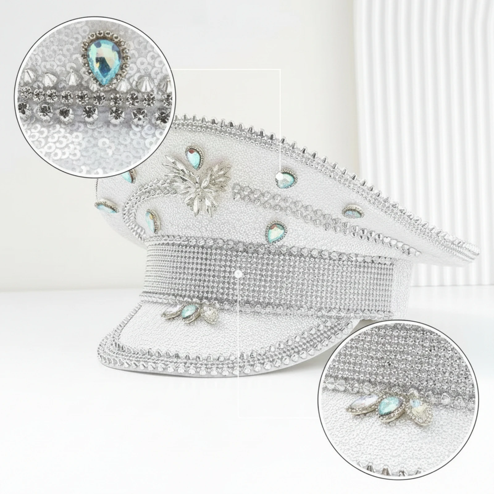 Cap with Butterfly Ornament Rhinestone Sequin Cap Embellished Hat Glittering Iridescent for Performers, Festivals