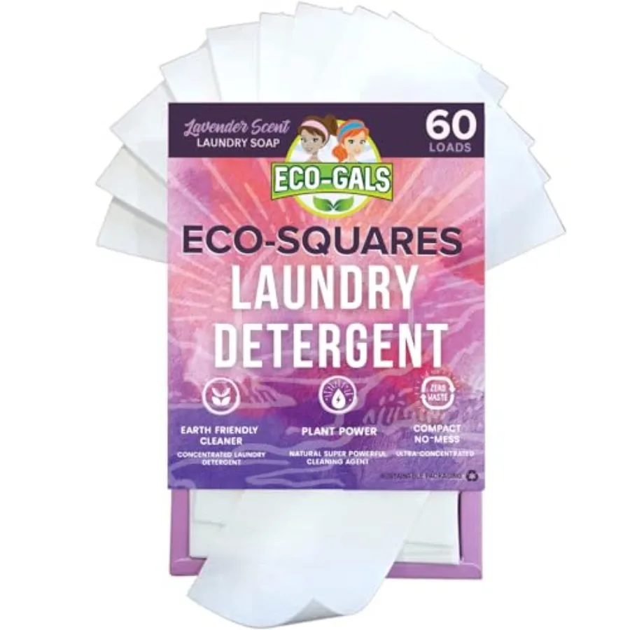 

Eco-Gals Eco-Squares laundry detergent sheets with zero waste dry soap technology for cleaning linen and clothes in regular and