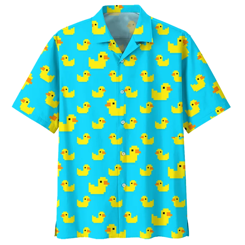 Cartoon Eend Patroon Hawaiian Shirt Voor Mannen Zomer 3d Bedrukt Dier Shirts Vrouwen Straat Korte Mouwen Revers Losse Knoop Blouse