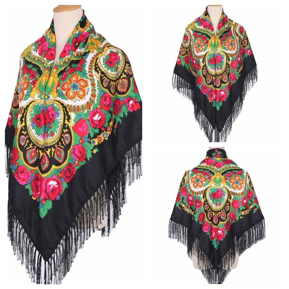 

Luxury Floral Print Tassel Headscarf Big Size Scarf Square Scarf Handkerchief Ethnic Style Head Wraps Travel