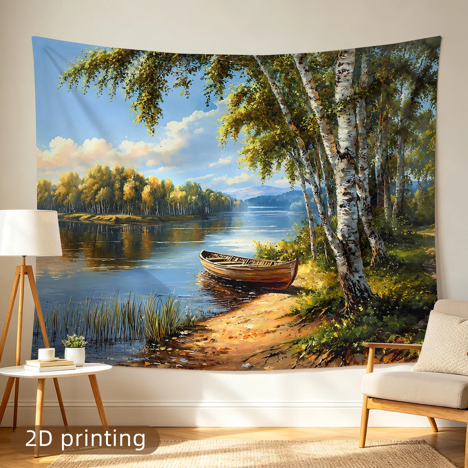 Stunning Forest Landscape Tapestry Wall Hanging Scenic River Birch Tree Nature Polyester Fabric Decor for Living Room Bedroom Ar