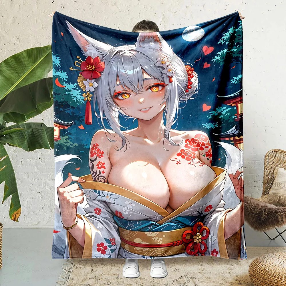Fox ears gril kimono character moonlit shrine Print Blanket Warm Soft Fluffy Kids Adult Sofa Bed Throw Outdoor Travel Camping