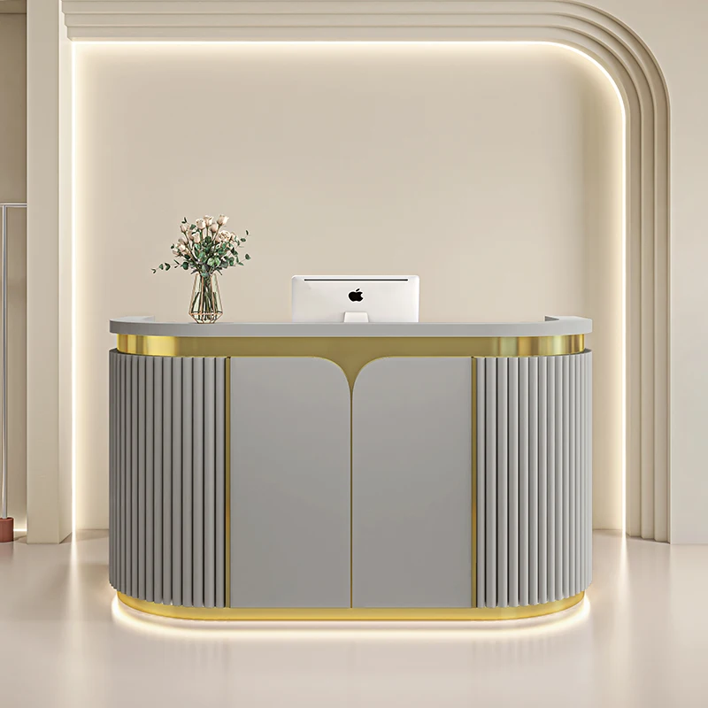 Modern Beauty Shop Grey Wooden Reception Table Spa Front Office Reception Desk Curved Reception Desk Beauty Salon Cash Register