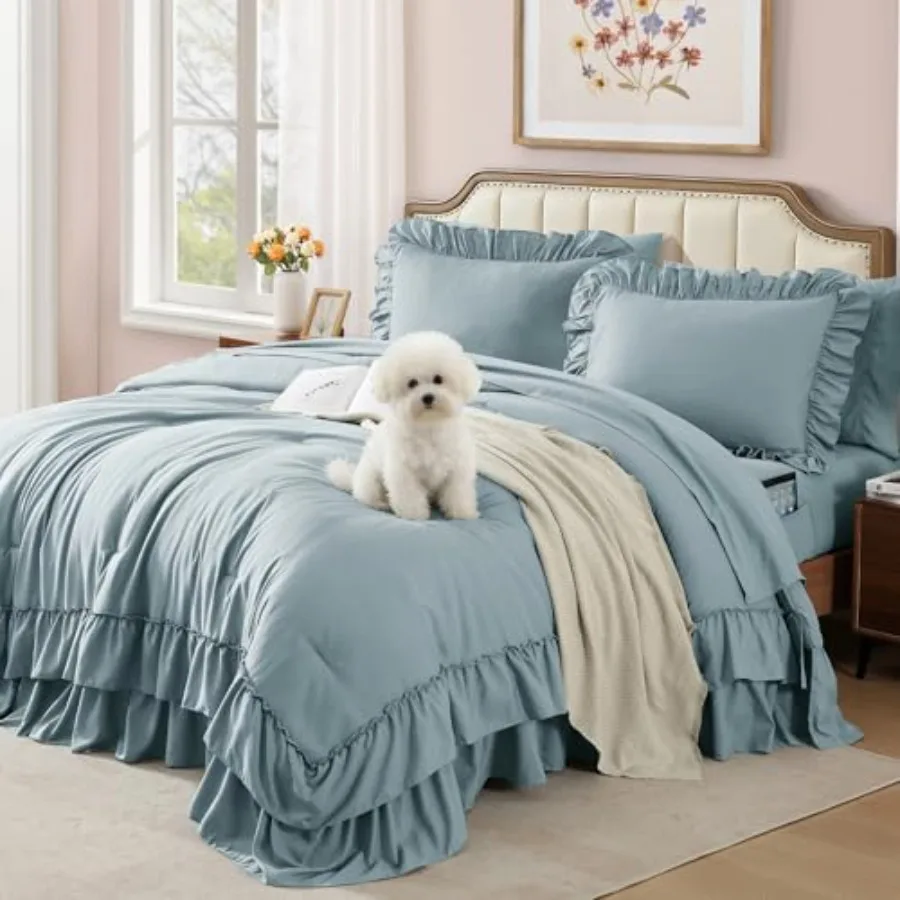 

Comforter Set, Ruffle Shabby Chic Bedding Set Farmhouse 7 Pieces, All Season Fluffy Bed in a Bag with Sheets, Pillowcases and S