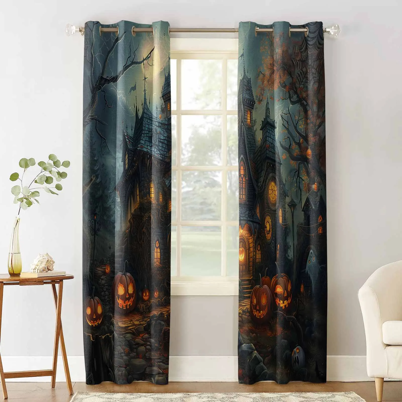 Halloween Castle Pumpkin Retro Bat Grove Blackout Curtains For Living Room Bedroom Window Treatment Blinds Drapes