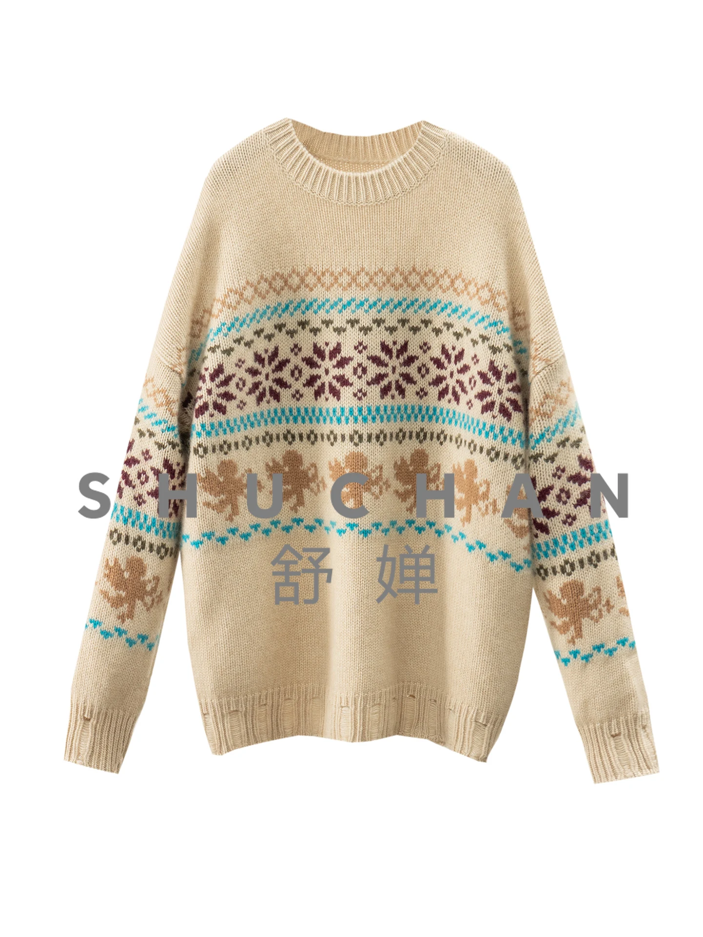 

580g Retro 100 Cashmere Fair Island Ripped Crew Neck Sweater Women's 97B6 Thick Oversized Sweater Sueters De Mujer