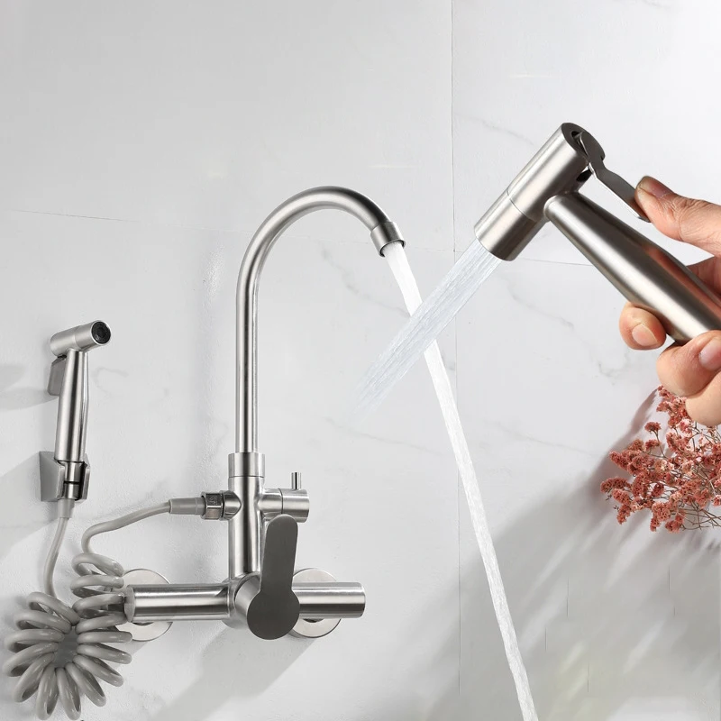 

Stainless Steel Kitchen Faucet With Spray Gun Dual Water Modes Stream Sprayer Head Wall Mount Hot Cold Water Mixer Tap Rotatable