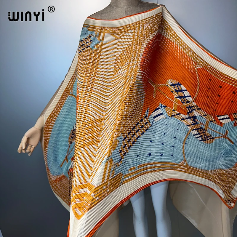 WINYI Gradient Print Pleated Fringed Dress Women Crumple Design Loose Robe Pleated Sexy Maxi Party Dresses Poncho for Women