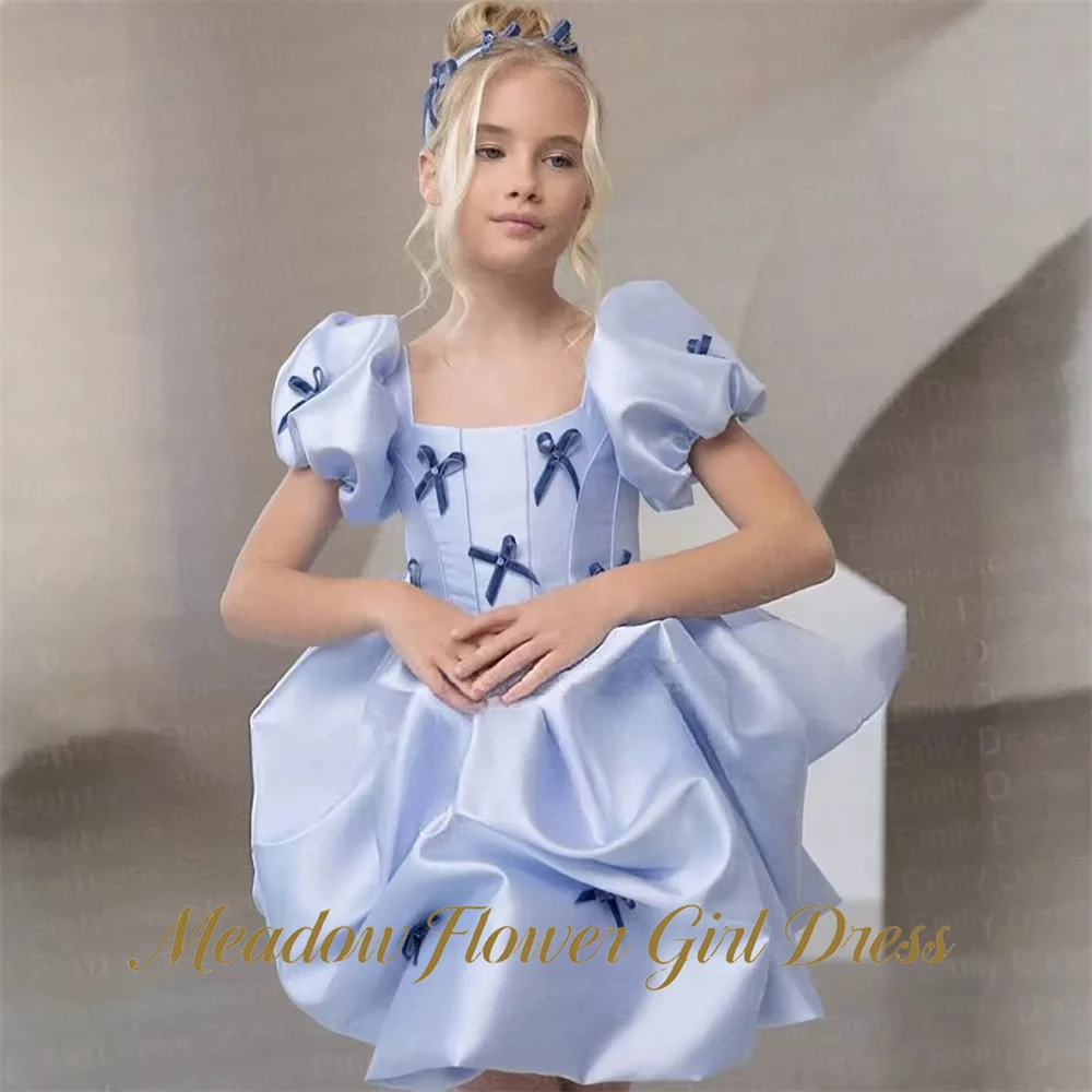 Meadow Light Blue Children Birthday Wedding Dresses Square Neck Puffed Sleeve First Communion Gown   Girls Princess Dress