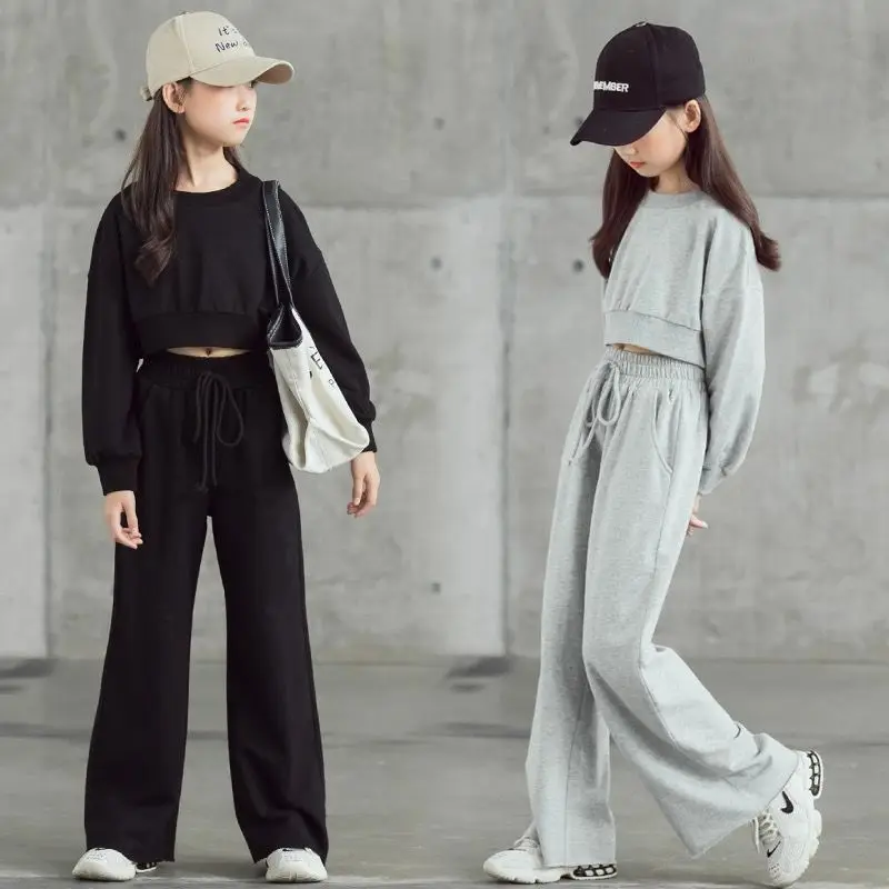 2026 New SPring Winter Kids Tracksuit Children Girls Clothes Casual Crop Top T-Shirt + Wide Leg Pant Suit Teenager 4 -13 Years