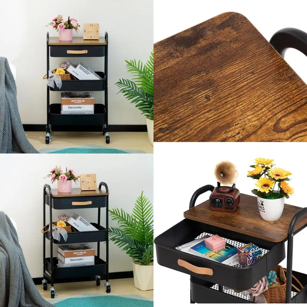 

3-Tier Metal Cart with Drawer and Hanging Cups, Mobile Utility Trolley for Home & Office, Black