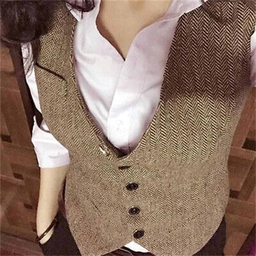 

V Neck Collarless Classic Women's Vest 2024 Comfortable Women Knit Vests Female Waistcoat 2024 Herringbone Tweed Casual Jackets