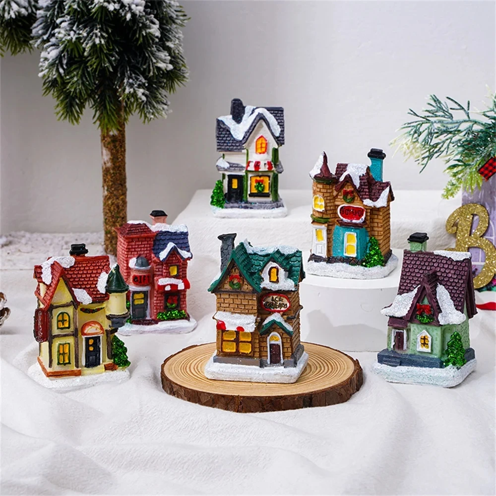 Glowing Christmas House Led Light Christmas Tree Ornaments LED Resin Small Village House Xmas Decor Gift Happy New Year 2024