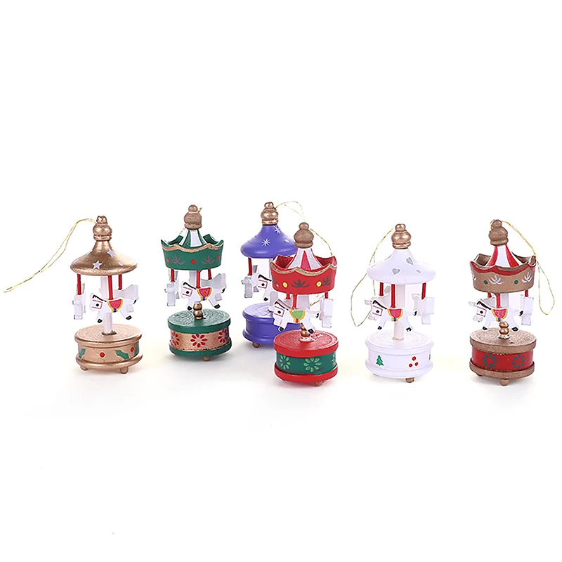 6pcs Christmas Decoration Mini Carousel Horse Pendant Ornaments Pendant Wooden Xmas Children Favor Toy Festival New Year Gifts