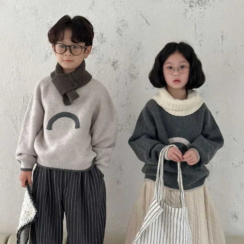 Kids sweater 2024 Winter Boys and girls thicken warm O-Neck knit pullover Unisex Chidlren soft loose knitwear Tops