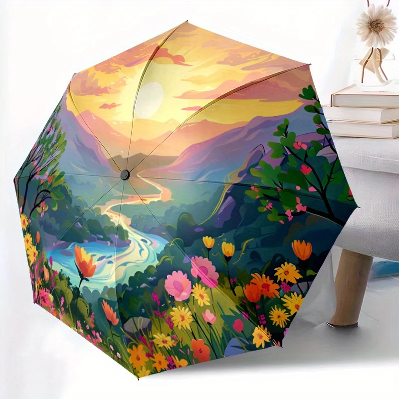 

1pc Nature'S Harmony Sun Waterfall Flowers Pattern Automatic Folding Umbrella - Portable Travel Umbrella with 8-Rib Design, Vi