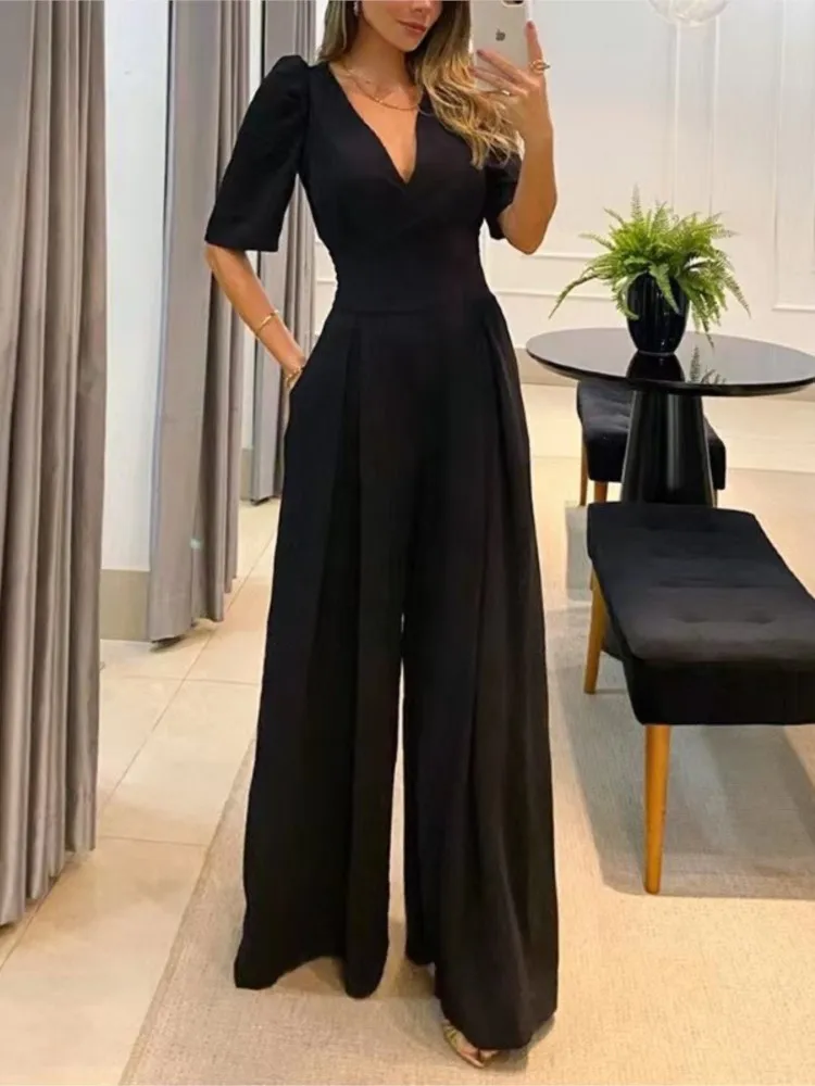 

Autumn New Casual Women's Solid Color With Pockets High Waisted Fashion Waist Cinching Lace Up Zipper Women's Wide Leg Jumpsuit