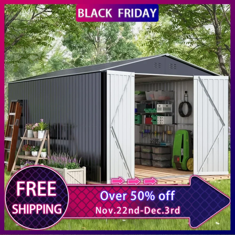 

8 x 12 FT Outdoor Storage Shed, Large Metal Tool Sheds with Updated Frame Structure and Lockable Doors, Garden Shed , Grey